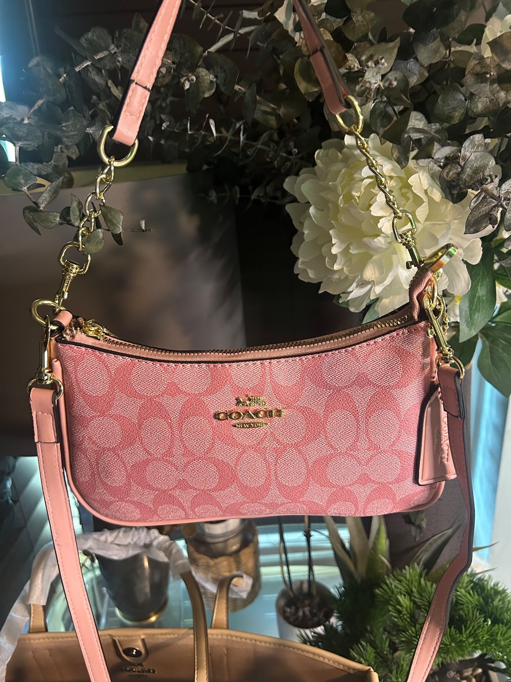Coach Pink Signature Mini Shoulder Bag with Gold Hardware